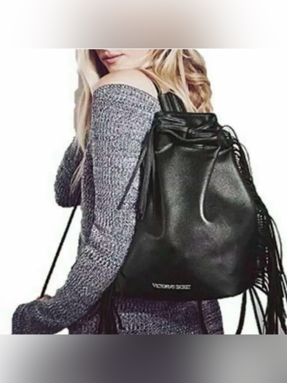 EUC Victoria's Secret Black Fringe Drawstring Backpack - Smooth Faux Leather